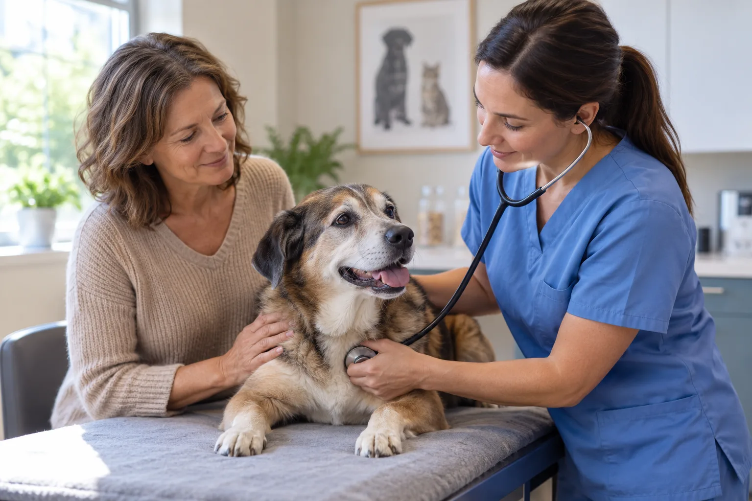 Owner talking with a veterinarian while a small dog is examined